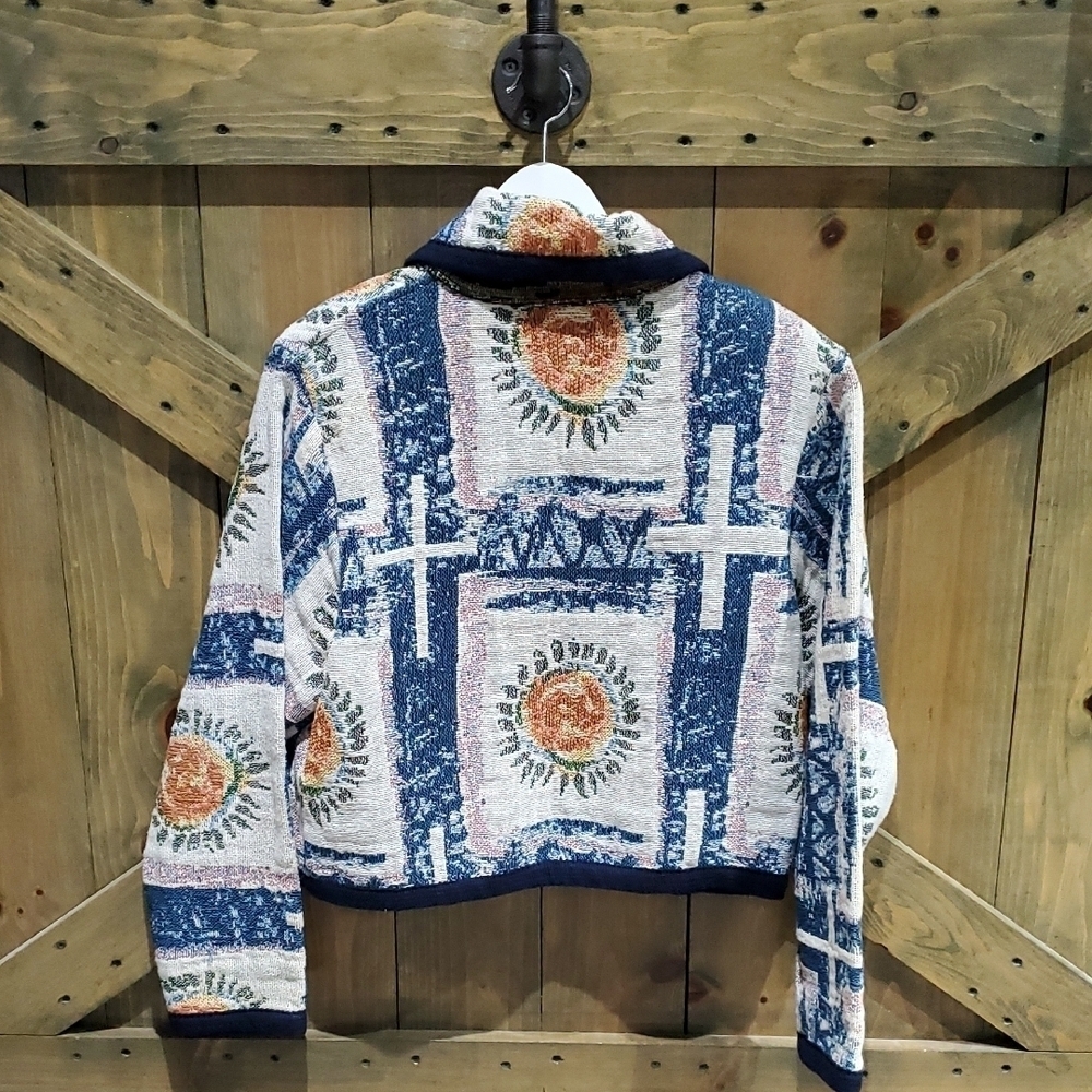 NWOT Painted Pony Concho Blue White Jacket Cropped, Knit, Western Sun 90s Blazer - Picture 5 of 6